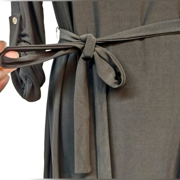 ANNE KLEIN 🍒SZ 2 XS🍒BLACK ZIP FRONT DRESS TABBED SLEEVES TIE WAIST GOLD ACCENT - Picture 10 of 16